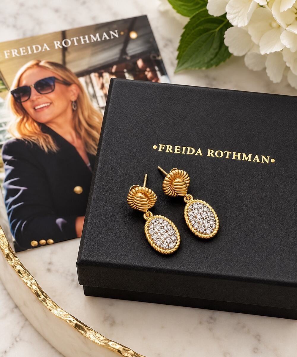 NEW Freida Rothman Gilded Cable Small Pave Drop Earrings